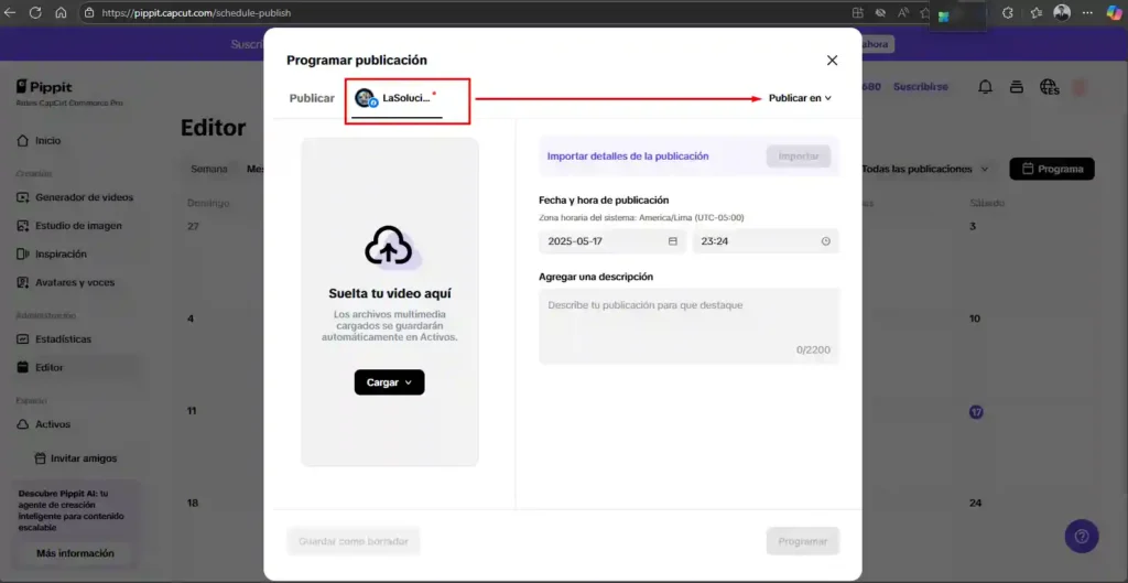 Interfaz de Pippit AI mostrando calendario de programación de publicaciones con ajustes de fecha y hora.