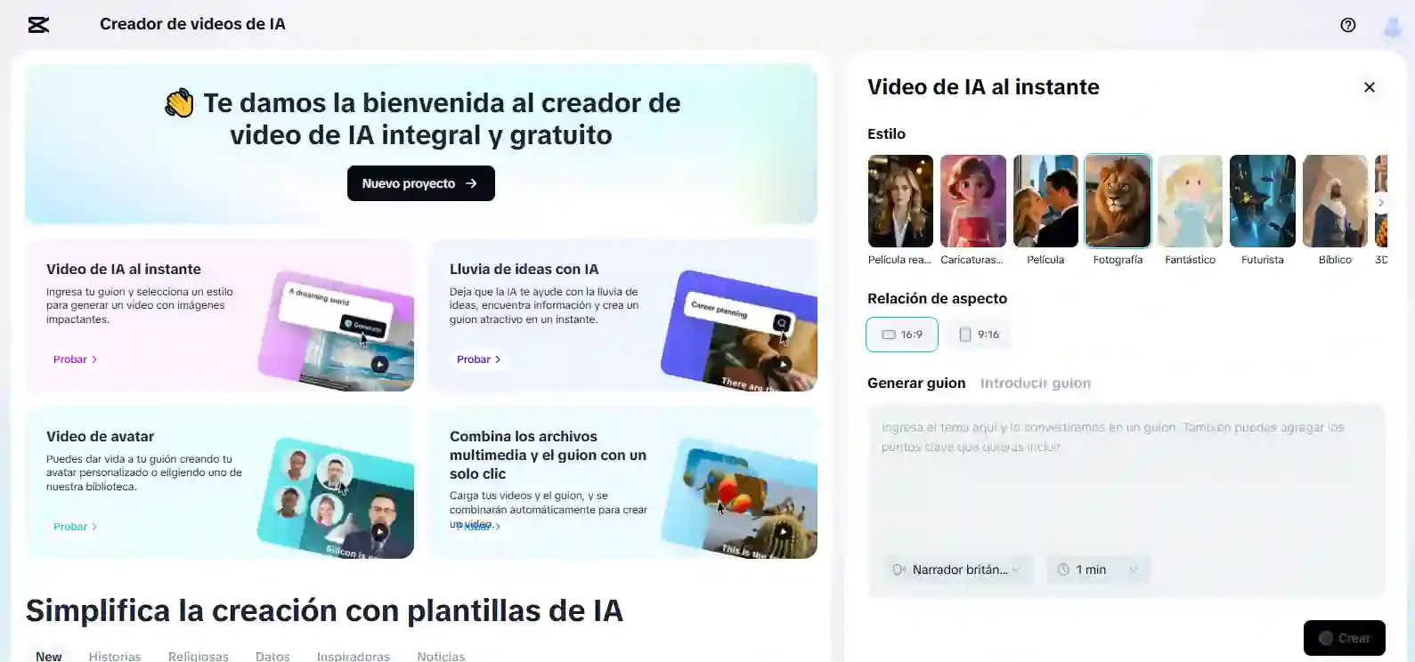 Captura de CapCut AI mostrando el logo, opciones de “Video de IA al instante”, estilos de video (Película, Caricatura, Fotografía, Fantástico, Futurista, Bíblico) y sección de generar guion con relación de aspecto 16:9 y 9:16