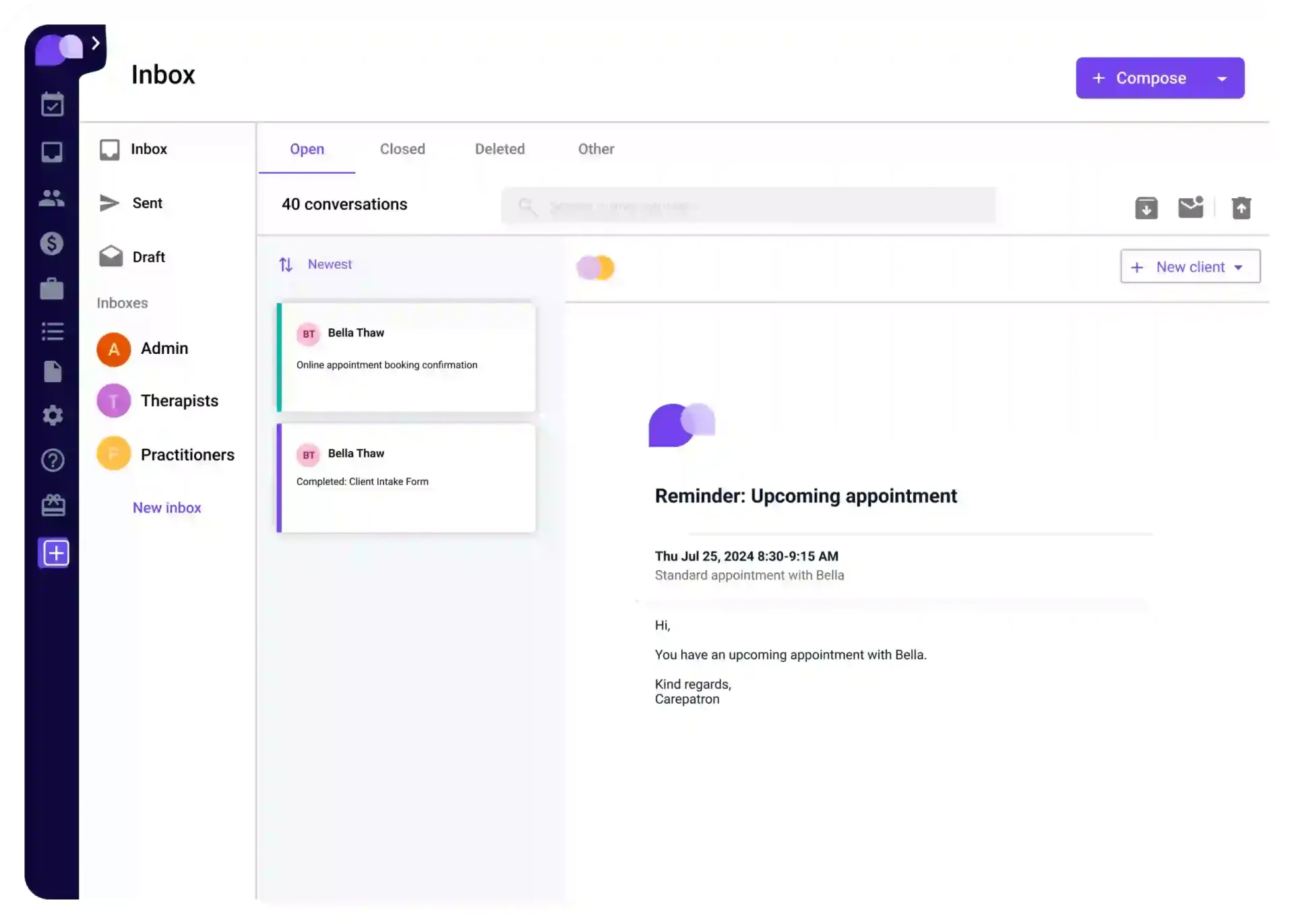 Interfaz de Carepatron mostrando la bandeja de entrada con mensajes de pacientes, notificaciones del sistema y comunicaciones clínicas seguras.