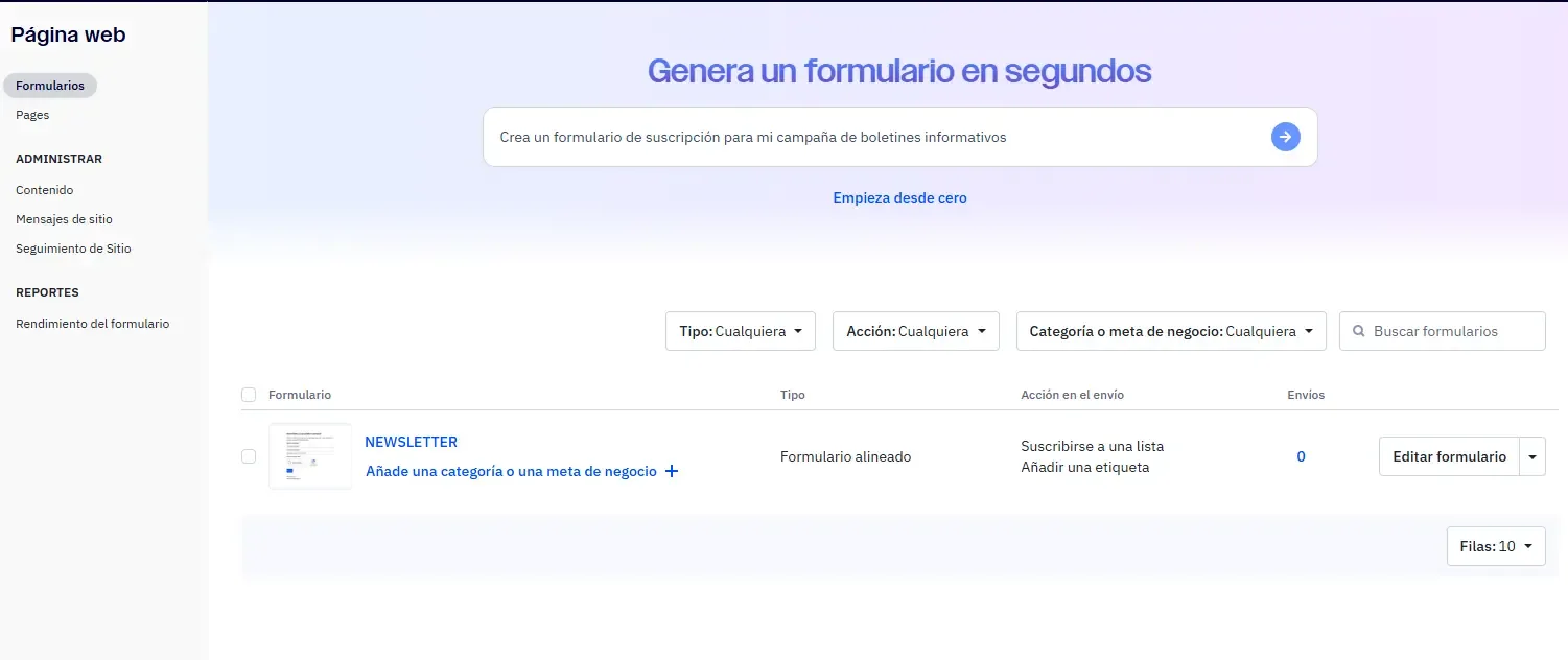 Editor de formularios y landing pages de ActiveCampaign