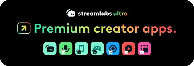 Banner de Streamlabs Ultra con texto “Premium creator apps” y ocho íconos de herramientas sobre fondo negro