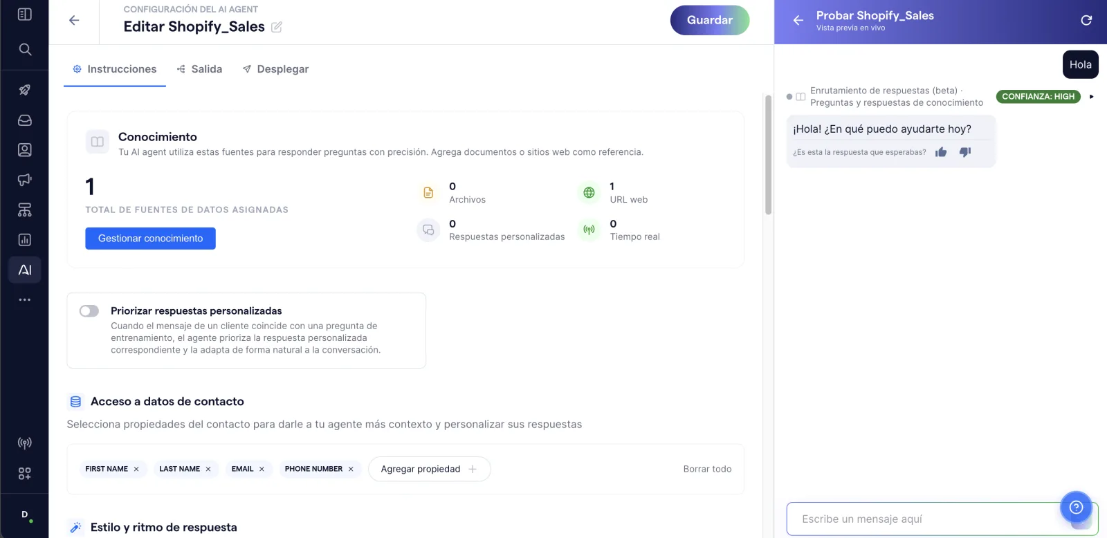 Configuración de AgentFlow en SleekFlow con fuente de conocimiento, propiedades del contacto y vista previa de una respuesta