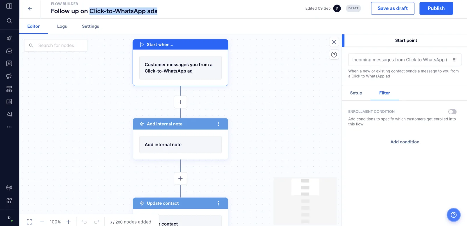 Flow Builder de SleekFlow configurado para iniciar una automatización cuando un cliente llega desde un anuncio Click-to-WhatsApp