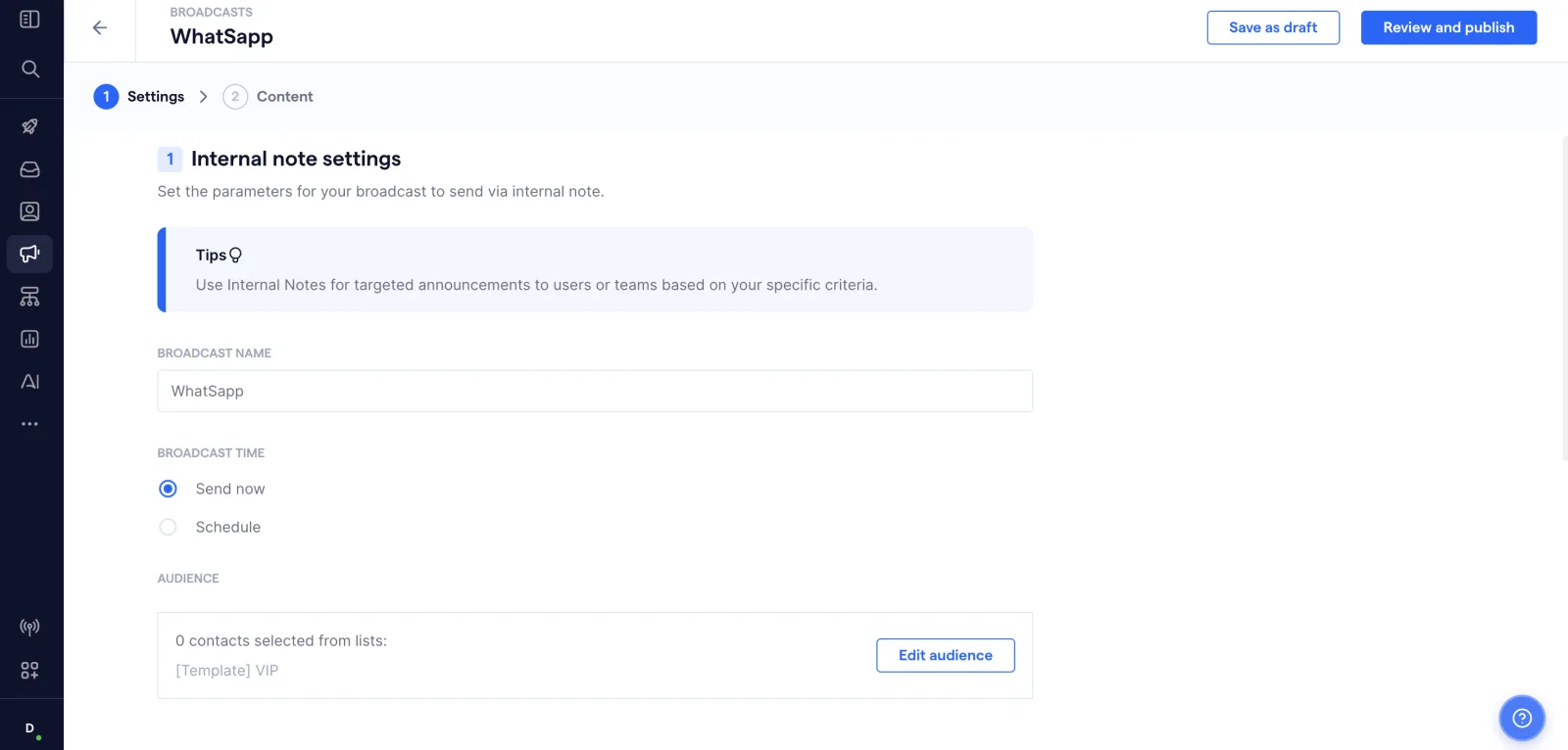 Configuración de un WhatsApp Broadcast en SleekFlow con horario de envío y selección de audiencia