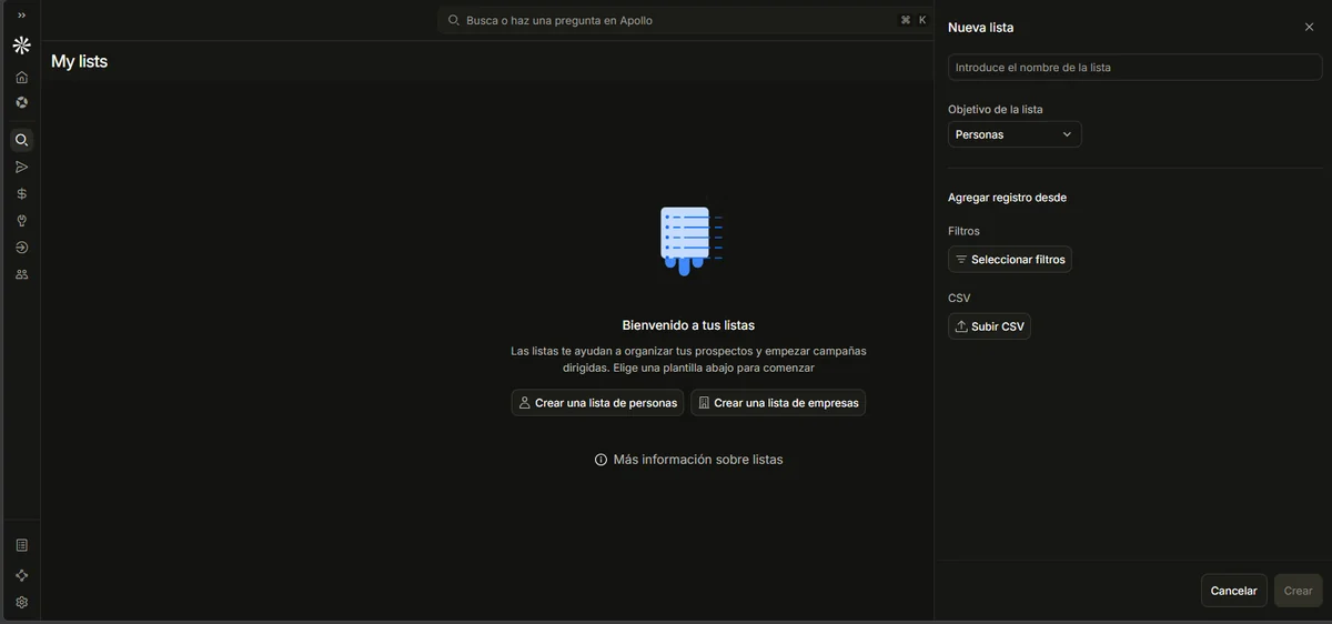 Panel Nueva lista de Apollo con el nombre de la lista, el objetivo Personas y las opciones de agregar registros con filtros o subiendo un CSV