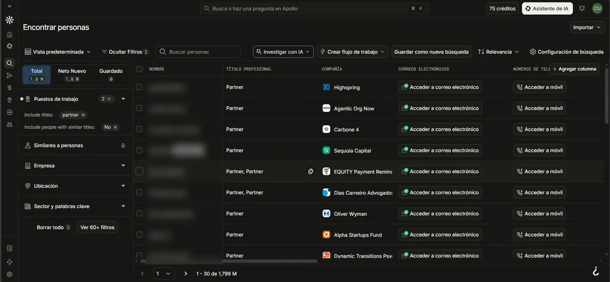 Pantalla Encontrar personas de Apollo filtrada por el cargo Partner, con botones para acceder al correo y al móvil de cada contacto