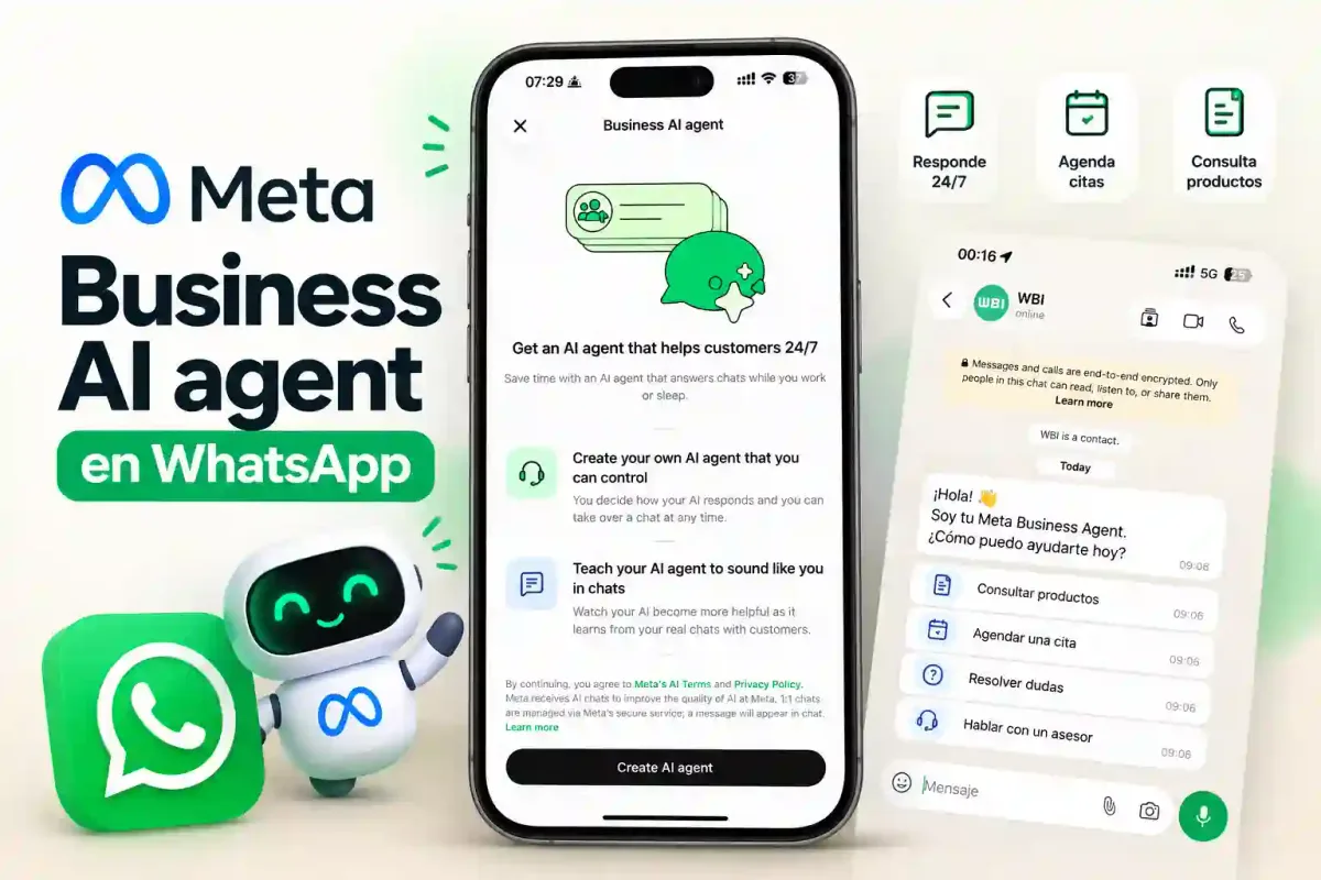 Pantalla Business AI agent de WhatsApp Business con el botón Create AI agent y, al lado, un chat de ejemplo en el que el agente saluda al cliente