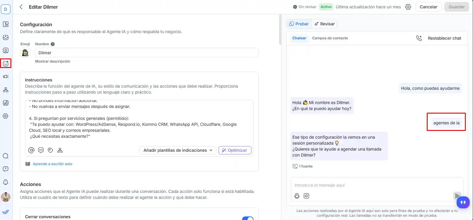 Pantalla de configuracion de un Agente IA en Respond.io, con sus instrucciones y una conversacion de prueba