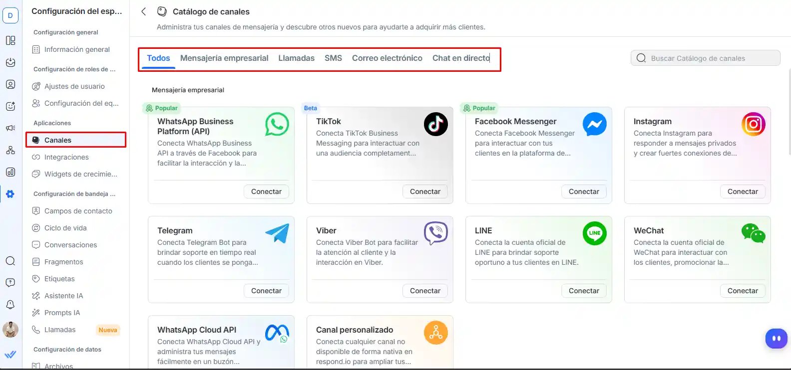 Catálogo de canales de Respond.io con WhatsApp Business, Instagram, TikTok, Messenger, Telegram, Viber, LINE, WeChat y la API de WhatsApp Cloud