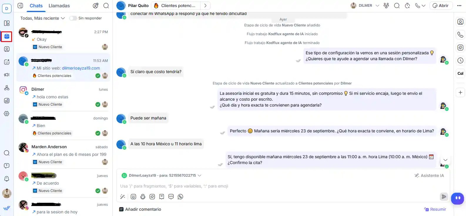 Bandeja de Respond.io con la lista de conversaciones a la izquierda y el hilo del cliente abierto a la derecha