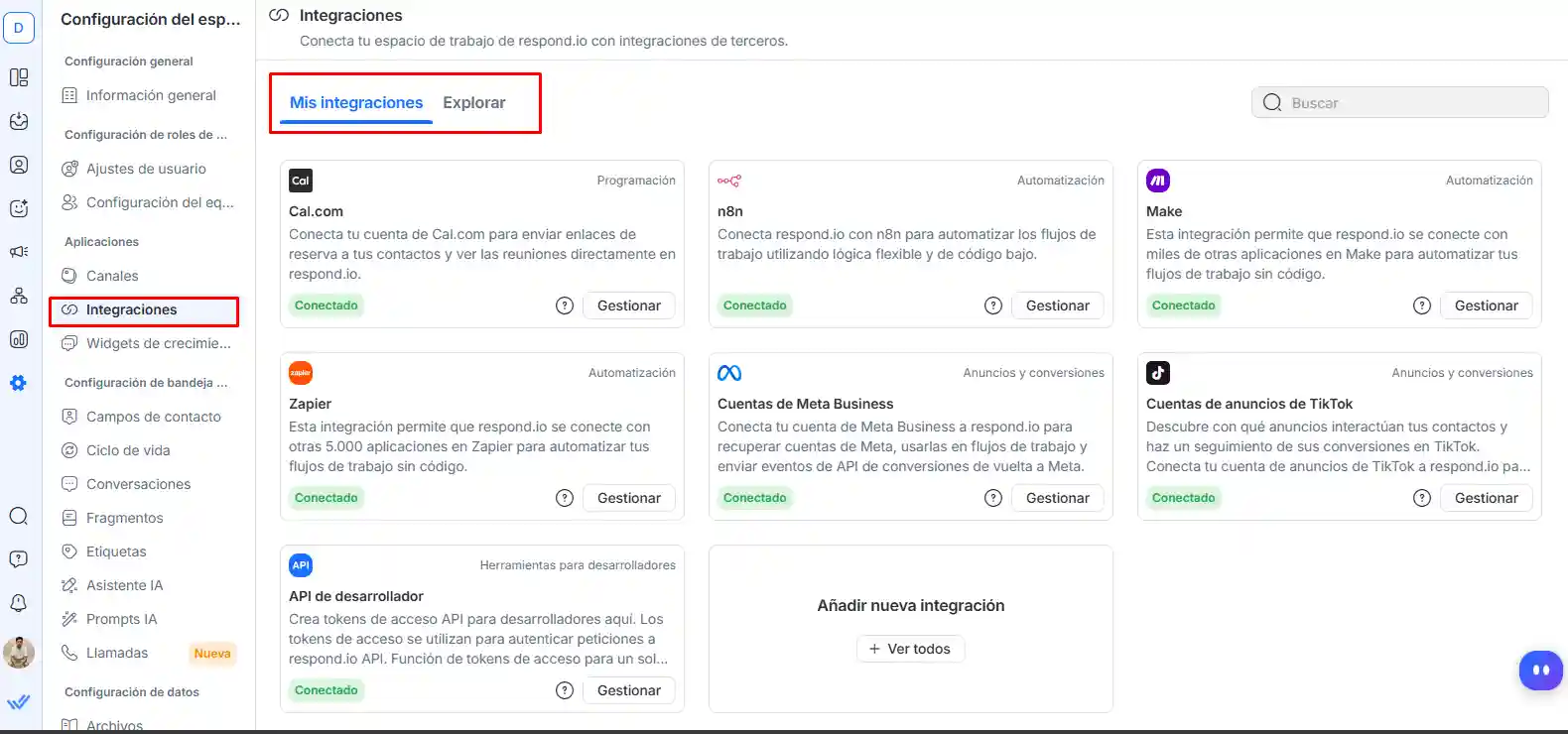 Catálogo de integraciones de Respond.io con Cal.com, n8n, Make, Zapier, Meta Business, anuncios de TikTok y la API para desarrolladores